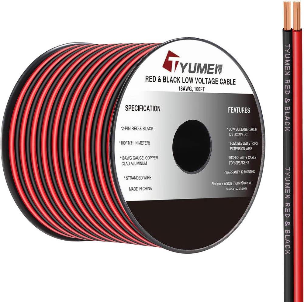 TYUMEN 18 Gauge Wire 100FT, 18/2 AWG Red Black Hookup Electrical Wire LED Strips