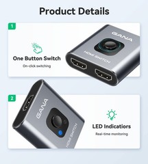 HDMI Switch 4k@60hz Splitter, GANA Aluminum Bidirectional Grey (No Cable)