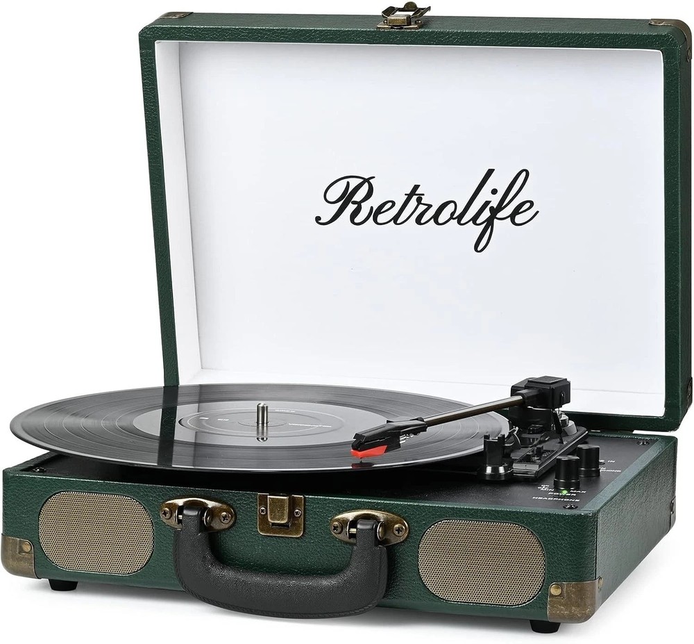 Vintage Dark Green Bluetooth Record Player – Portable 3-Speed Suitcase Turntable