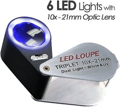 10x21mm UV/LED Triplet Illuminated Loupe-Dual Light (white & UV) Magnifier USA