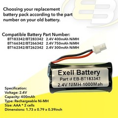 Exell 2.4V 1000mAh Ni-MH Battery Pack for Cordless Phones BT166342/BT266342