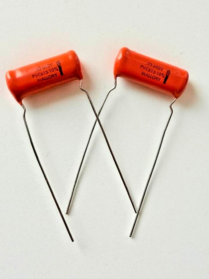 2X – .03uF @ 600V – (MALLORY PVC613) ORANGE DROP – GUITAR/AMP/BASS TONE #240