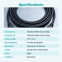 HDMI Cable 6FT 4K Ultra HD High Speed Cord for TV PS5 PS4 Xbox Laptop Soundbar