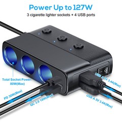 3 Way Car Cigarette Lighter Splitter with USB Fast Charger QC 3.0 & Type-C PD