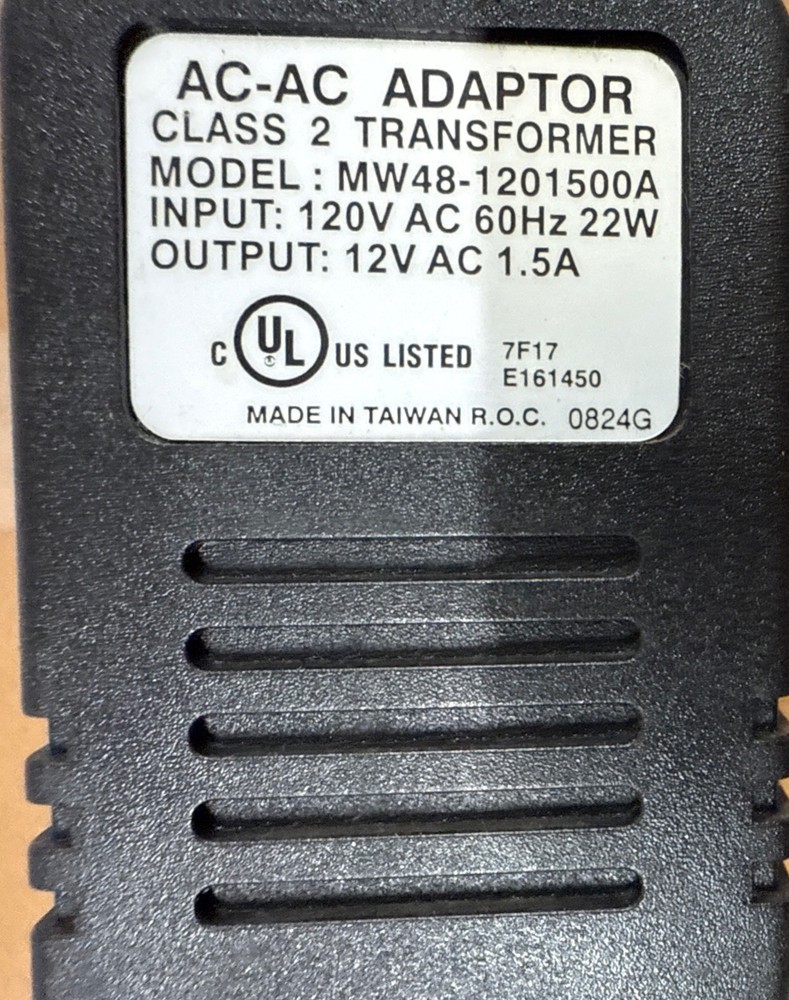 AC-AC Adaptor Class 2 Transformer MW48-1201500A 120V AC 60Hz 22W 12V AC 1.5A