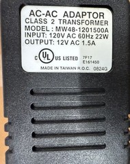 AC-AC Adaptor Class 2 Transformer MW48-1201500A 120V AC 60Hz 22W 12V AC 1.5A