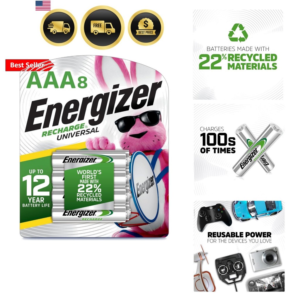 Recharge Universal Rechargeable AAA Batteries 8 Pack, Triple A Batteries
