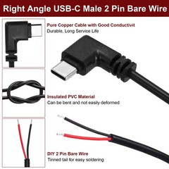 0.25M/0.8Ft Right Angle USB C Male Plug Bare Wire Cable 22AWG 12V 3A 2Pin 4Pcs
