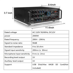 2000W Digital Power Amplifier bluetooth Stereo HiFi Audio USB SD FM Car Home