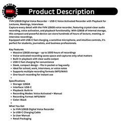 YVN 128GB Voice Activated Recorder – Playback, USB-C, Sound Recording for Lectur