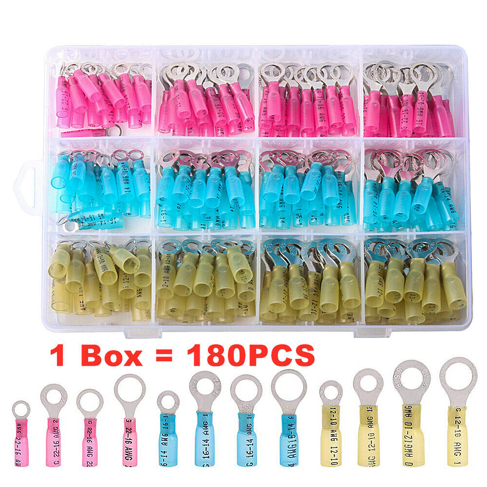 180Pcs Heat Shrink Wire Crimp Connectors AWG 22-10 Ring Terminals Waterproof Kit