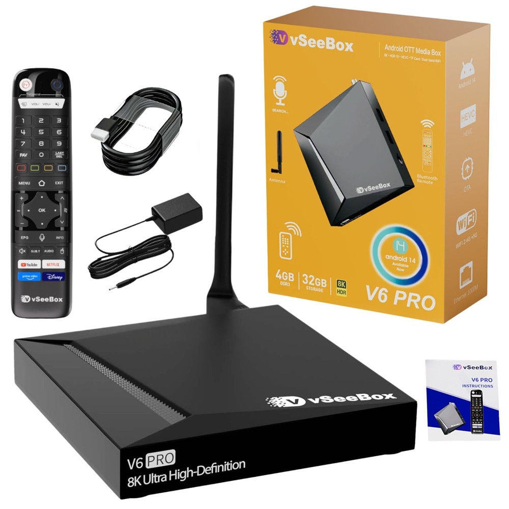 vSeeBox V6 Pro Android 14 Device with 4GB+32GB, Dual-Band WiFi, Bluetooth Remote
