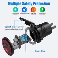 12-24V USB C 3 Port Fast Car Charger PD & QC3.0 Outlet Socket for Boat RV Marine