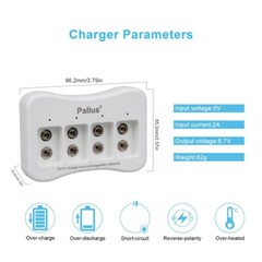 Pallus 9v Lithium Rechargeable Batteries 850mAh 9V Li-ion Batteries Charger Lot