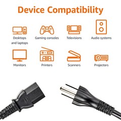 Amazon Basics PC Power Cord, 6 feet, AC Cord for Monitor, 6 Feet, Black