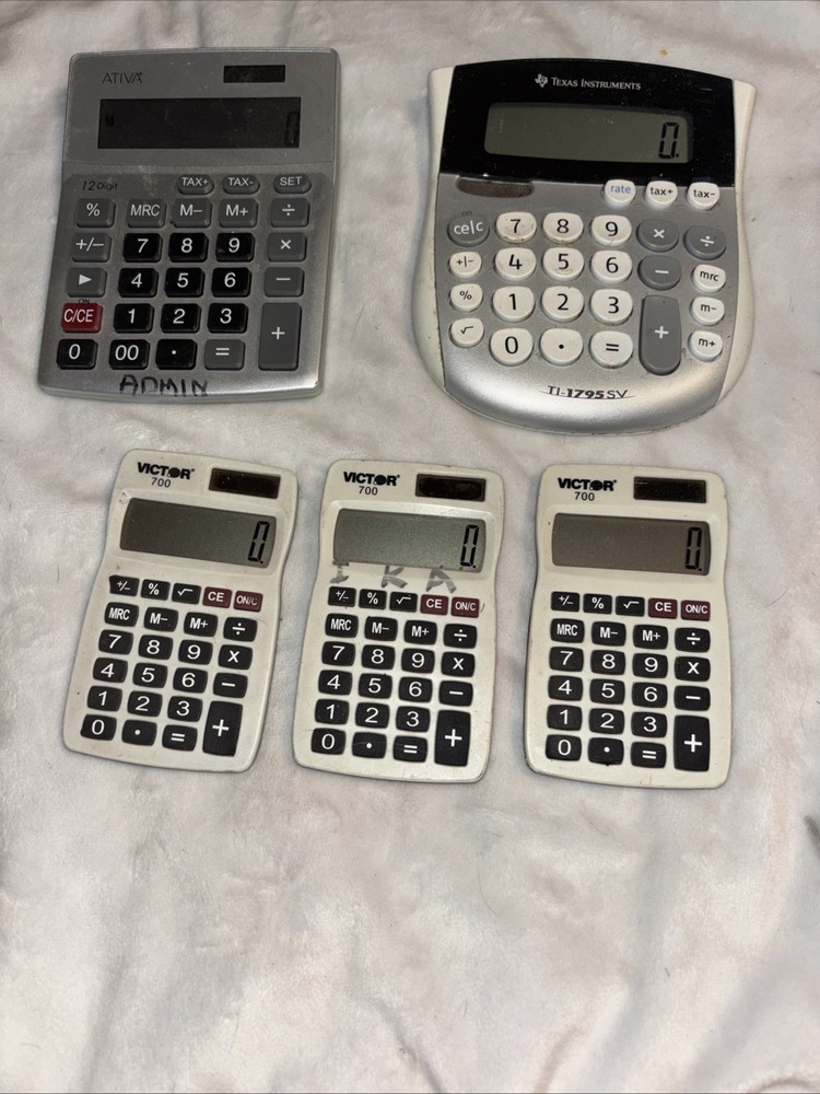 (5) Used WORKING Calculators Texas Instr TI-1795SV, Victor 700, Ativa 12 Digit