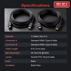 HDMI to HDMI Cable 6FT 4K Set of 2 for HDTV Monitor PS5 PS4 Xbox Blu-ray Player