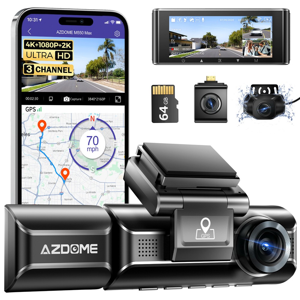 4K+1080P+2.5K 3Channel Dashcam for Car WiFi GPS 24H Parking Mode Fatigue Remind