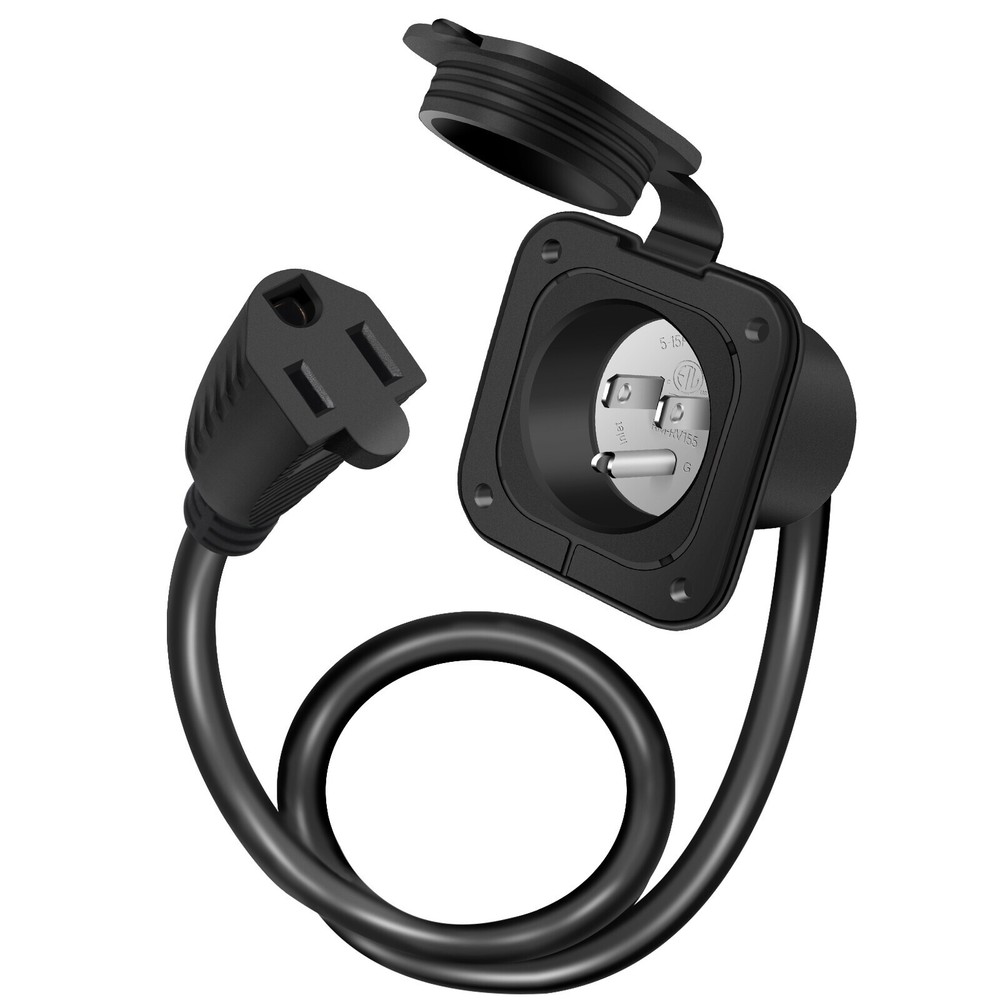 15A 125V AC Port Flanged Power Inlet Plug NEMA 5-15P w/18″ Integrated Extension