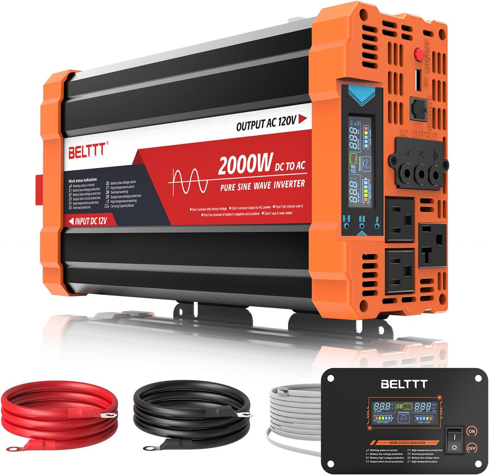 2000W Pure Sine Wave Inverter, Inverter 12V DC to 120V AC for Solar, RV, Truck,