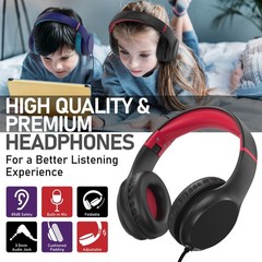 FosPower Wired Kids Headphones For School, Microphone Mic, 3.5mm Cable Black/Red
