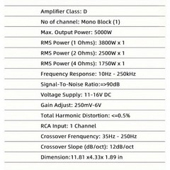 5000W MAX Monoblock Class D Car Amp – Low Distortion Stereo Audio Amplifier