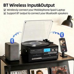 Vinyl Record Player 10 in 1 Turntable CD Cassette Radio Wood Black Built-in Tape