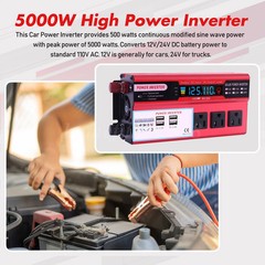 Car Power Inverter 5000W DC 12V To AC 110V Pure Sine Wave Solar Converter 4 USB