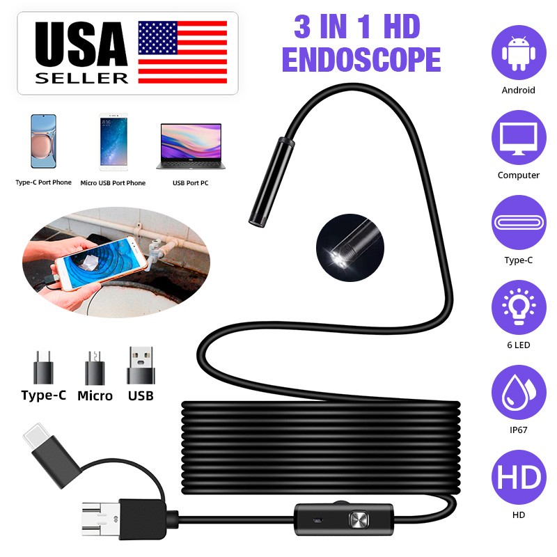 6LED USB Snake Endoscope Borescope HD Inspection Camera Scope For Android Type C