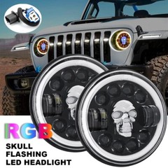 2PCS 7” Round RGB Skull LED Headlights Halo DRL For Jeep Wrangler JK LJ TJ CJ