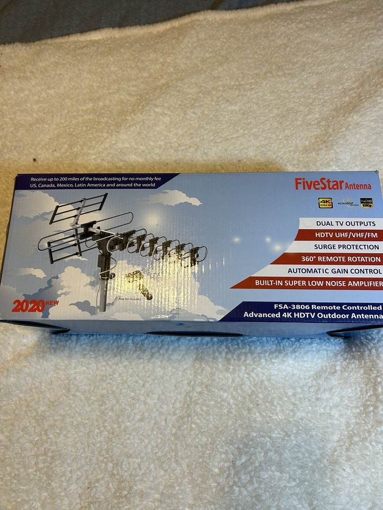 2020 five star TV antenna, dual tv, HDTV UHF/VHF/FM, surge protection, motorized