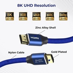 High Speed 8K/60HZ 2.1V HDMI Cable 3Ft Blue 48Gbps 28AWG Support 3D NEW