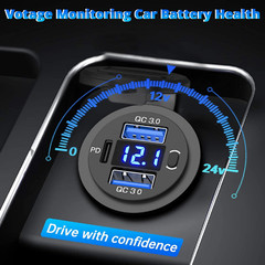 12-24V Dual USB Car Fast Charger Socket QC3.0 Port & PD Voltmeter Boat Marine RV
