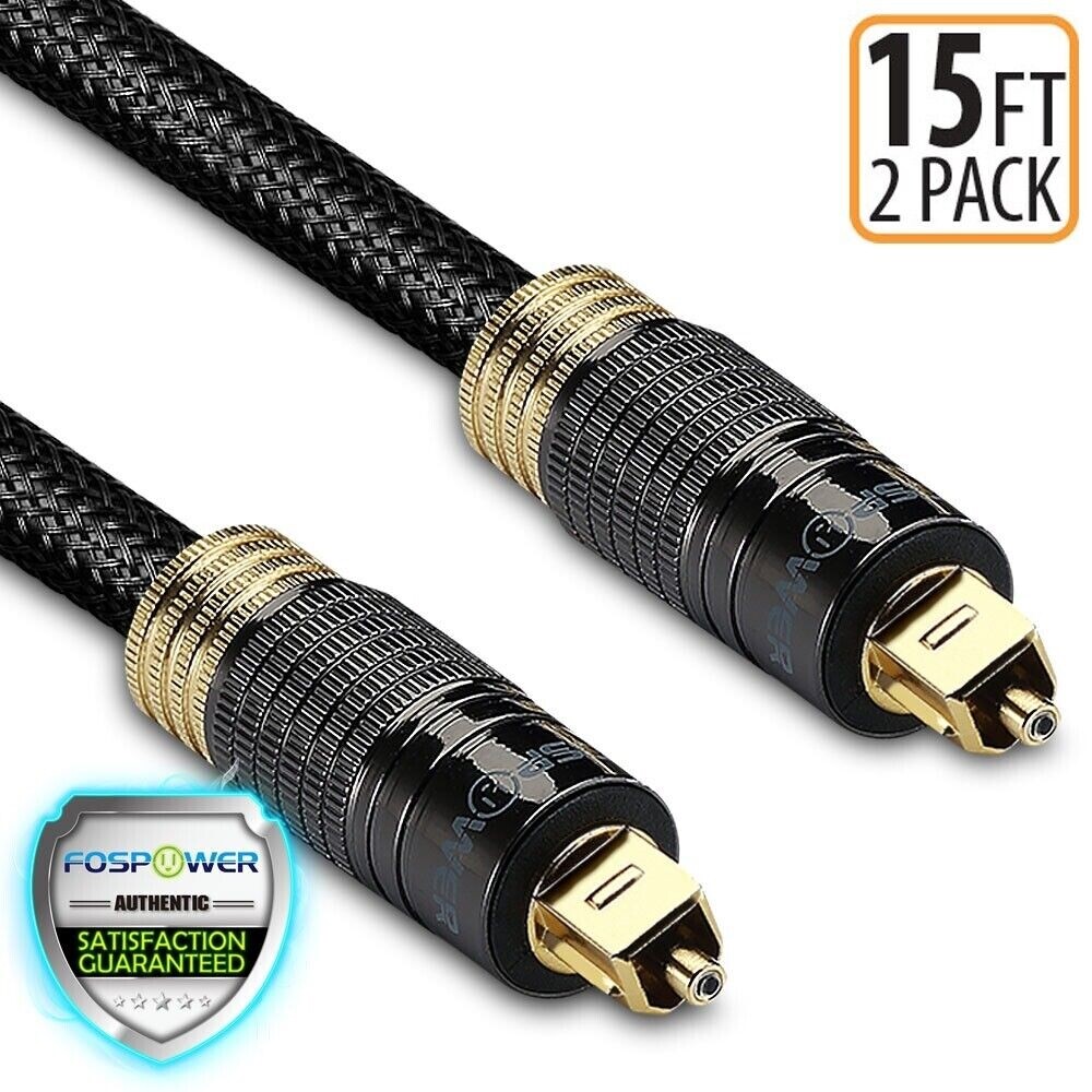 FosPower 2x 15FT Gold Plated Nylon Braided Digital Optical Audio Toslink Cable