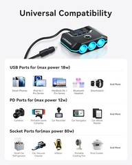 Cigarette Lighter Splitter, 120W Car Charger Adapter with USB & PD, 7 in 1 Multi