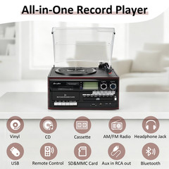 Record Player 10 in 1 3 Speed Bluetooth in/out Turntable CD Cassette Player AM/