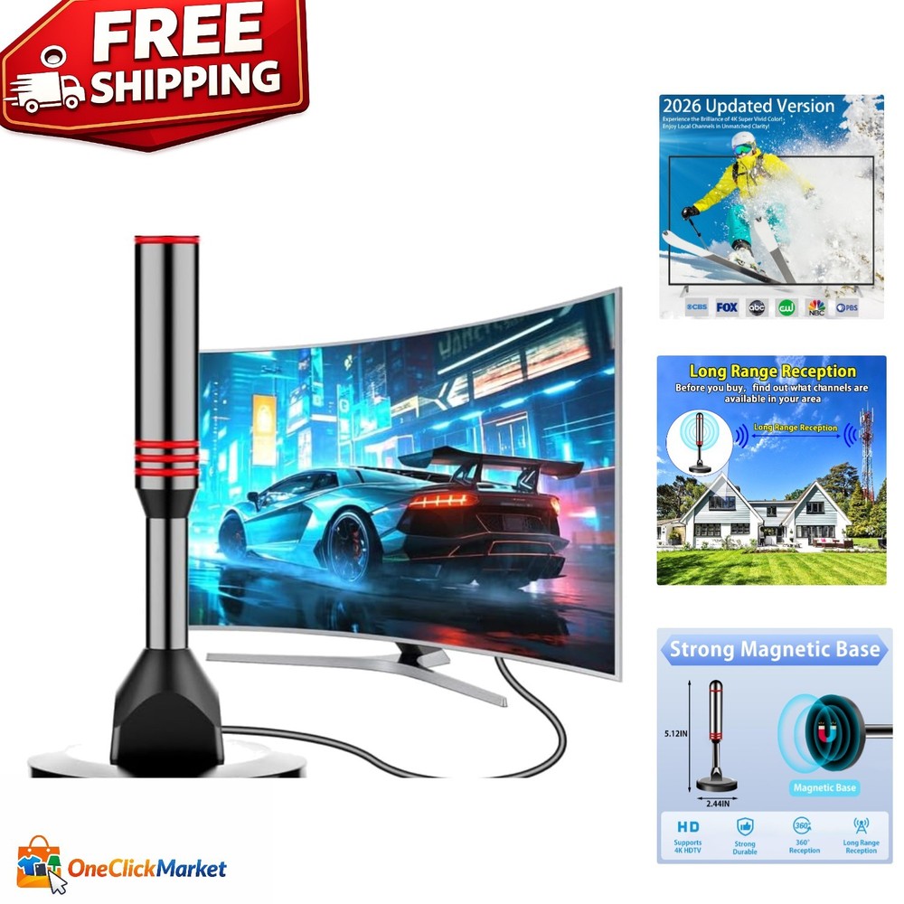 Compact 360° Digital TV Antenna – 5.5 in with Strong Magnetic Base for Smart TVs