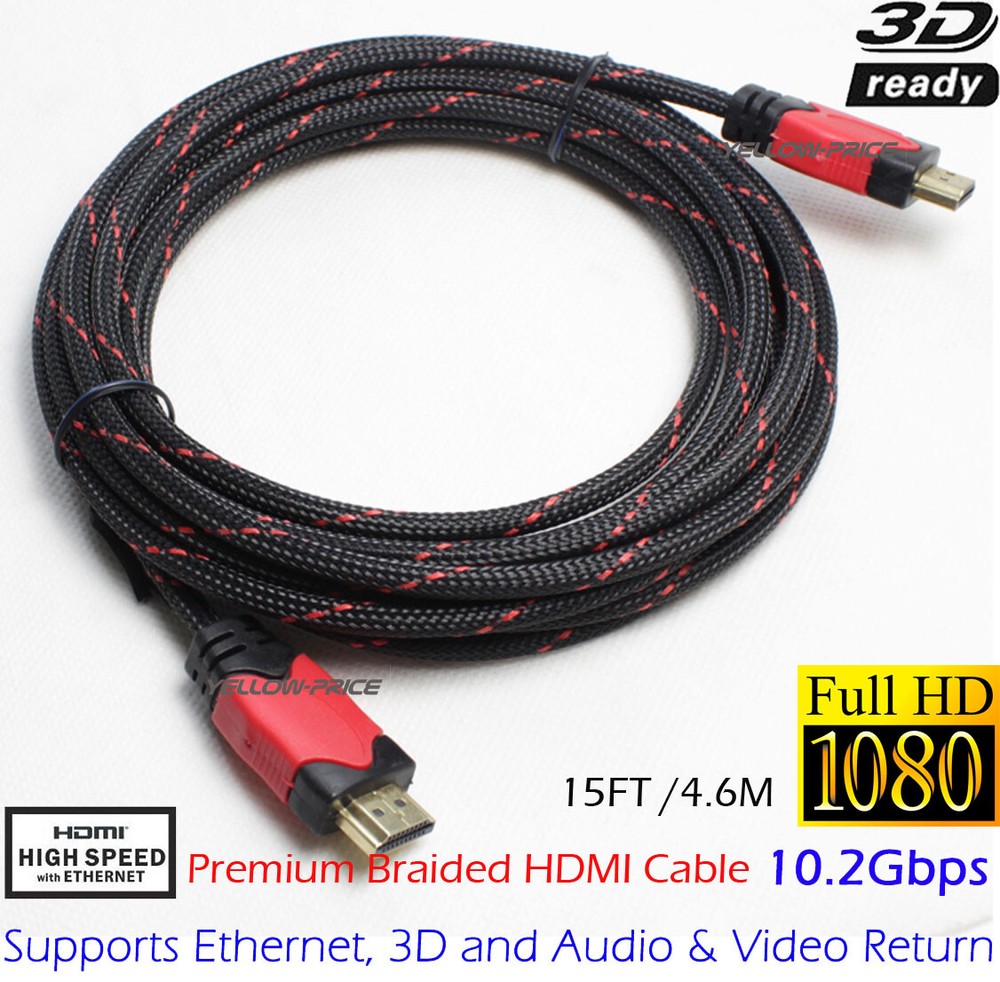 Premium 15ft HDMI Cable 1.4 Bluray 3D TV DVD PS4 HDTV Xbox LCD LED 1080P Red US