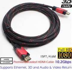 Premium 15ft HDMI Cable 1.4 Bluray 3D TV DVD PS4 HDTV Xbox LCD LED 1080P Red US