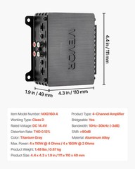 VEVOR Car Audio Amplifier Car Amplifier 4-Channel Class D Max. 4x110W at 4 Ohms