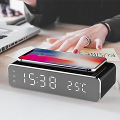 LED Electric Alarm Clock With Wireless Charger Desktop Digital Despertador Therm