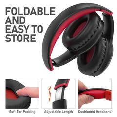 FosPower Wired Kids Headphones For School, Microphone Mic, 3.5mm Cable Black/Red