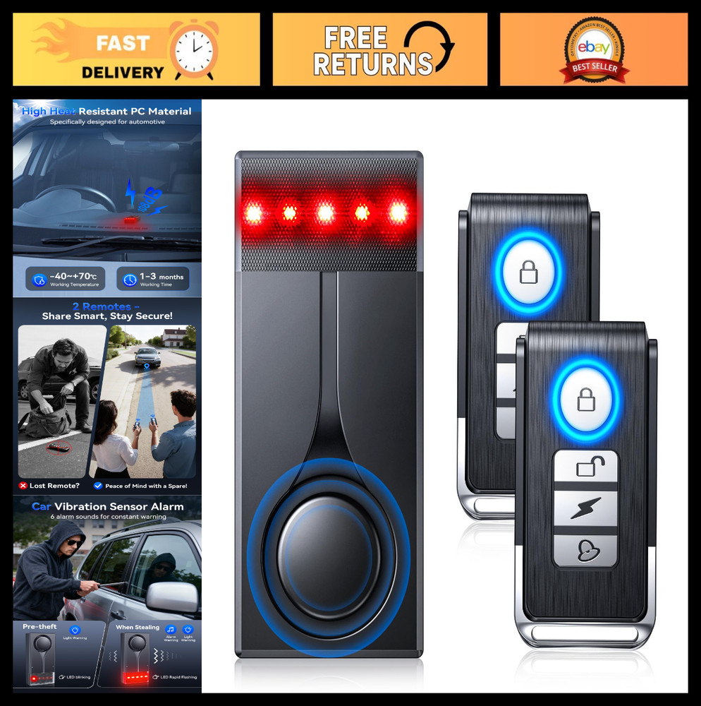 108dB Car Alarm System – Anti-Theft Vibration Sensor, 2 Remotes, Magnetic Instal