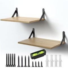 2PCS Oak Rustic Wood Projector Wall Mount Floating Shelf with Cable Ties Holder