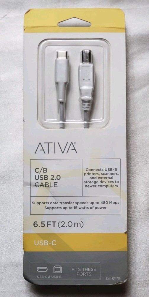 NEW & SEALED! ATIVA C/B USB 2.0 Cable 6.5 FT (2.0m) USB-C Printer 725-……….