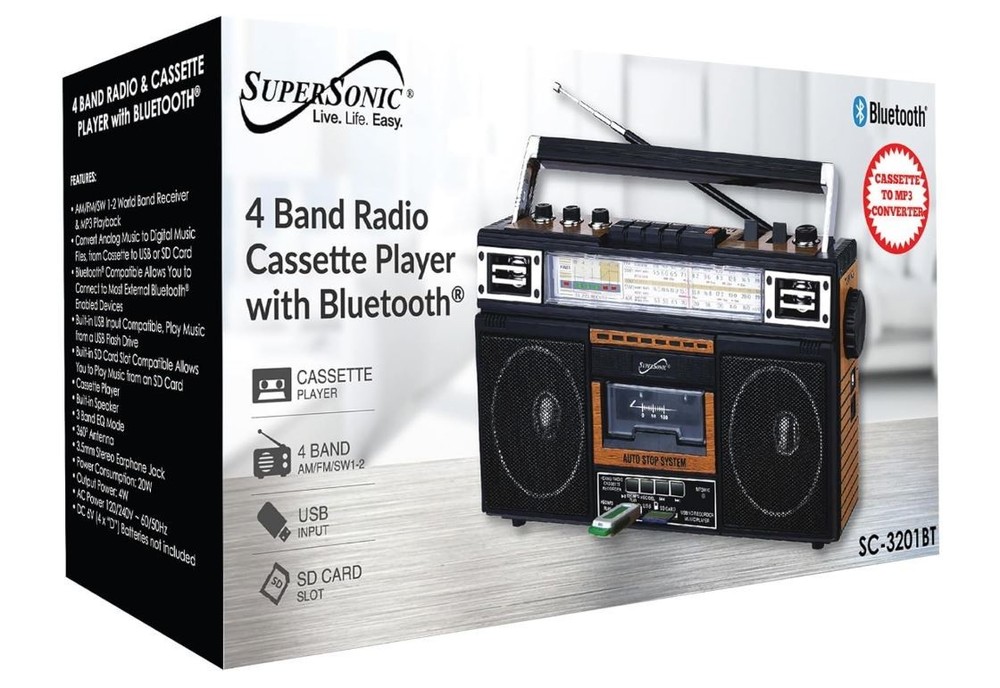 Supersonic SC-3201BT 4 Band Radio & Cassette Player Boombox, AM/FM/SW Radio