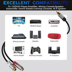 RCA Y-Adapter Splitter Cable 2Pack,1 RCA Male to 2 RCA Female Stereo Audio Video