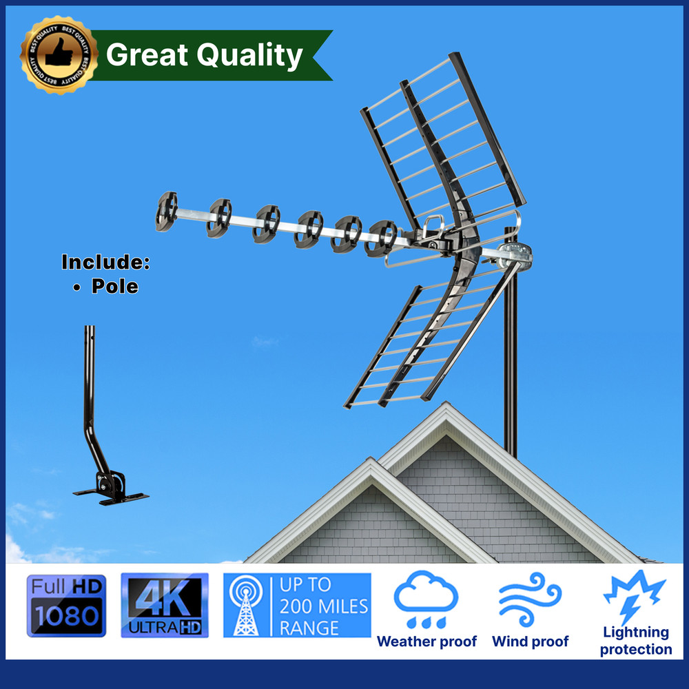 200 Miles Xtreme Signal Long Range ATSC TV VHF UHF FM Outdoor Antenna 1080 & 4k