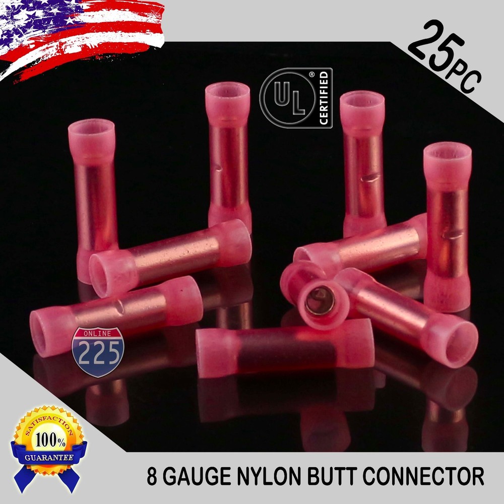 25 Pack 8 Gauge Wire Butt Connectors Red Nylon 8 AWG Crimp Cable Terminals USA