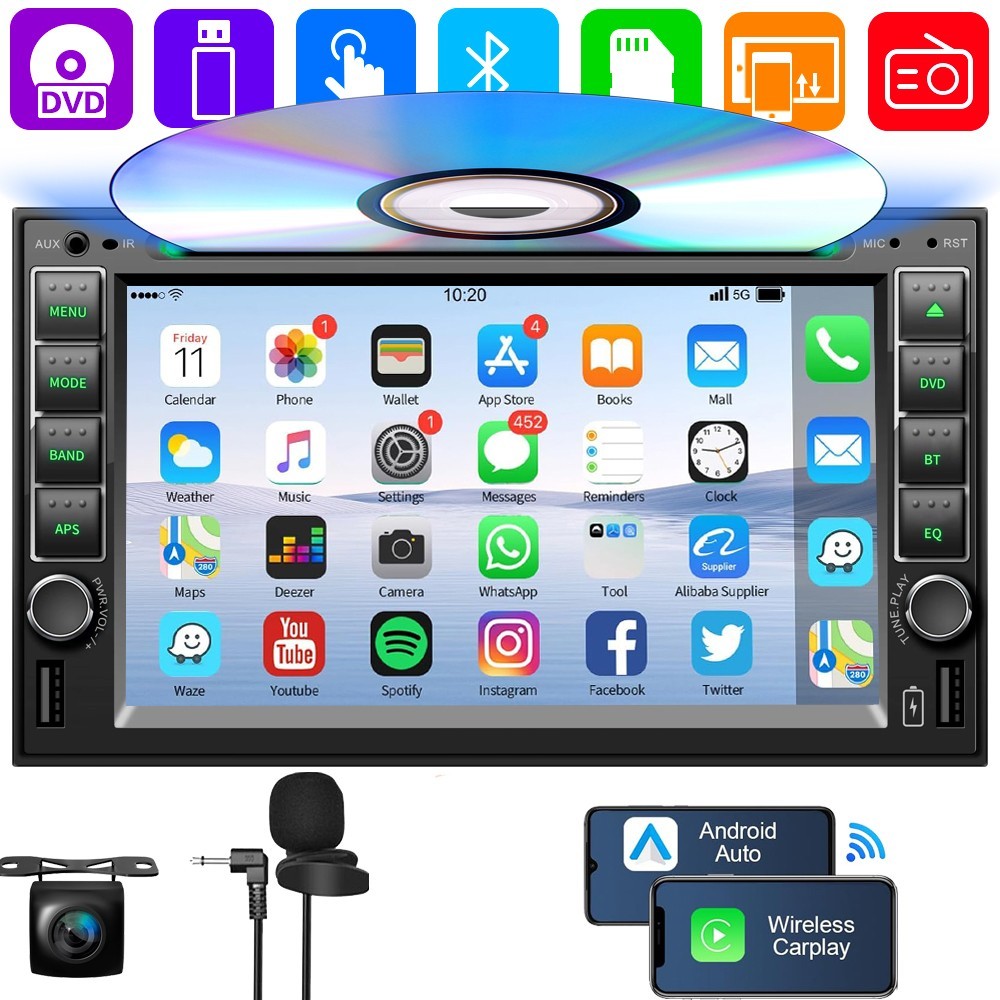 Apple Carplay Navi Car Stereo Radio DVD CD Player For standard Double Din camera